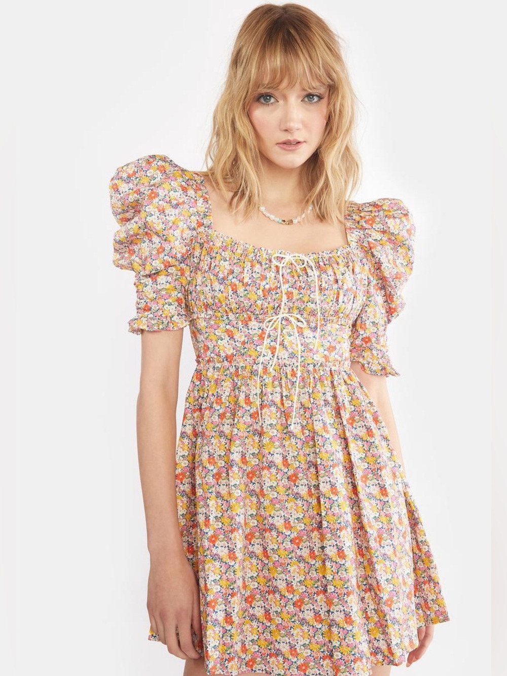 NWT For Love & Lemons Pink Multi Floral Puff-Sleeve Mini Dress